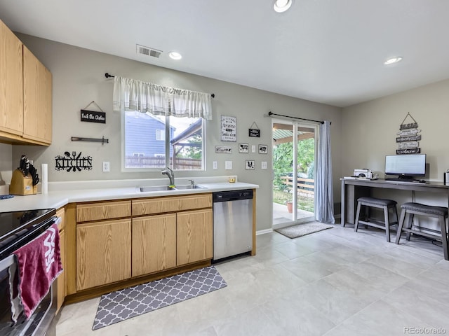 4935 E 100th Dr, Thornton, CO 80229 - kitchen featuring stainless steel dishwasher, electric range oven, light countertops, and recessed lighting