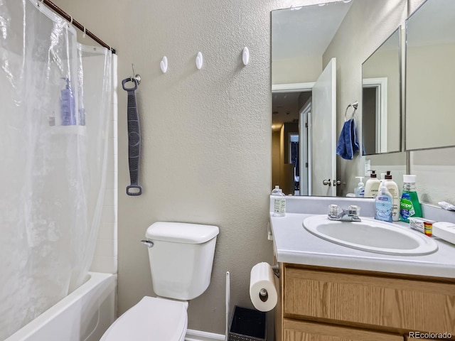 4935 E 100th Dr, Thornton, CO 80229 - bathroom with vanity, shower / tub combo with curtain, and a textured wall