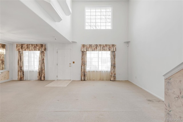 interior space with a wealth of natural light, carpet, and a high ceiling