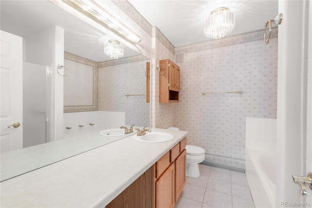 bathroom with wallpapered walls, baseboards, tile patterned flooring, and a chandelier