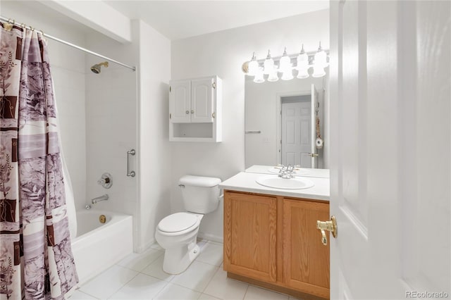 full bathroom featuring vanity, baseboards, tile patterned floors, toilet, and shower / tub combo with curtain