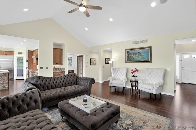11208 W Ontario Ave, Littleton, CO 80127 - living room featuring ceiling fan, dark wood-style flooring, high vaulted ceiling, and recessed lighting
