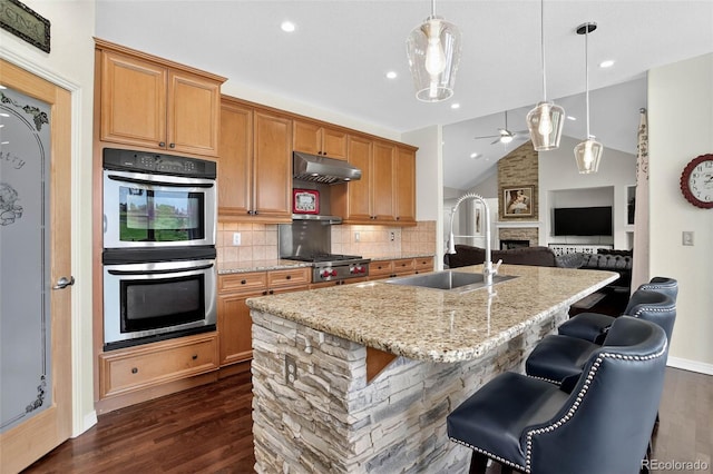 11208 W Ontario Ave, Littleton, CO 80127 - kitchen with stainless steel appliances, dark wood-type flooring, a ceiling fan, tasteful backsplash, and vaulted ceiling