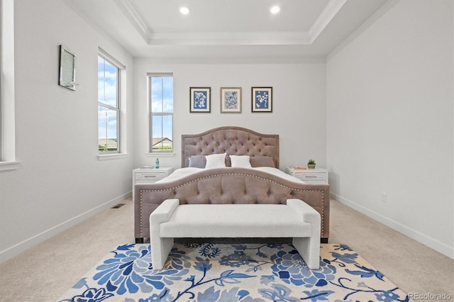 8023 Gore Creek Ln, Littleton, CO 80125 - carpeted bedroom featuring a tray ceiling, ornamental molding, baseboards, and recessed lighting