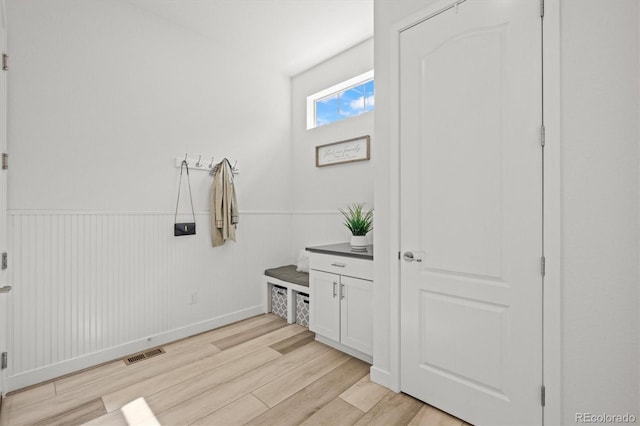 8023 Gore Creek Ln, Littleton, CO 80125 - mudroom featuring light wood-style floors, wainscoting, and baseboards