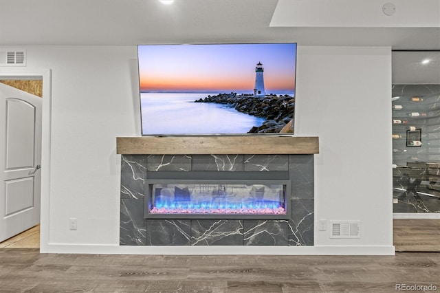 8023 Gore Creek Ln, Littleton, CO 80125 - detailed view of a premium fireplace, wood finished floors, and baseboards