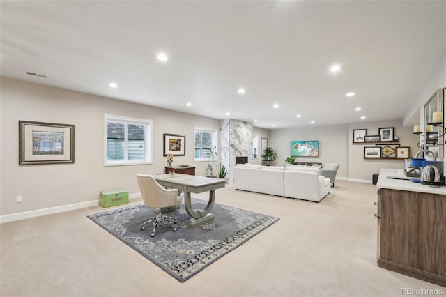 dining room with visible vents, baseboards, recessed lighting, and light carpet