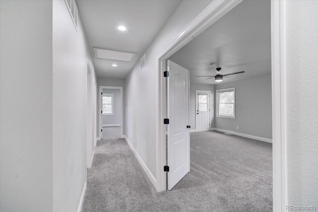 hall featuring light carpet and plenty of natural light