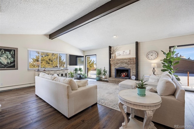 living room featuring dark wood-type flooring, vaulted ceiling with beams, a textured ceiling, a brick fireplace, and baseboard heating