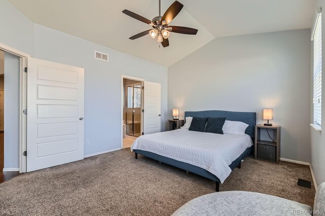 5181 Delphinium Cir, Brighton, CO 80601 - carpeted bedroom with vaulted ceiling, baseboards, ensuite bathroom, and a ceiling fan