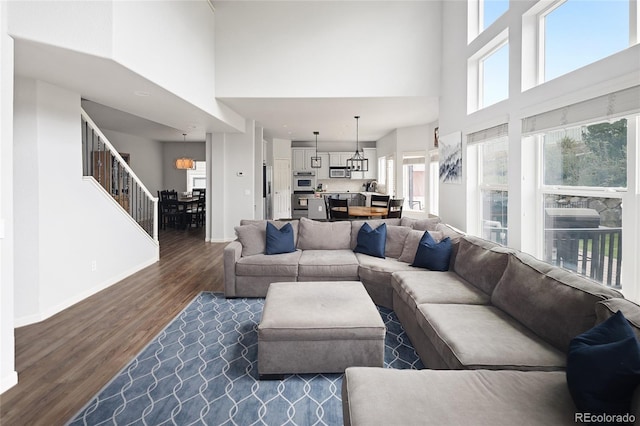 living room featuring a towering ceiling and dark hardwood / wood-style floors