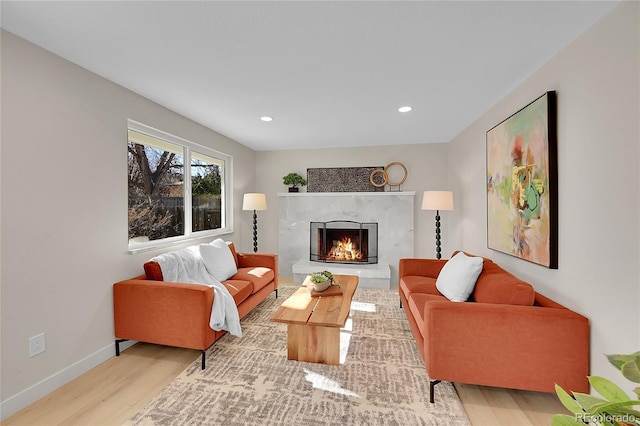 living room with a fireplace and light hardwood / wood-style floors