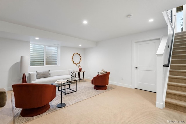 4227 Mariposa St, Denver, CO 80211 - carpeted living area with stairway, recessed lighting, and baseboards
