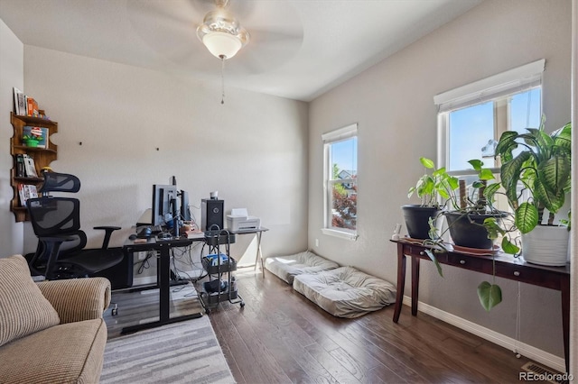 2431 Nicholson St, Berthoud, CO 80513 - office space featuring a ceiling fan, wood finished floors, and baseboards