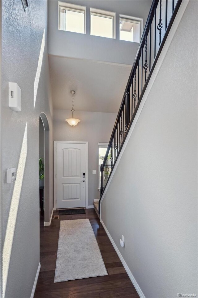 2431 Nicholson St, Berthoud, CO 80513 - foyer entrance featuring a towering ceiling, baseboards, plenty of natural light, stairs, and dark wood-style floors
