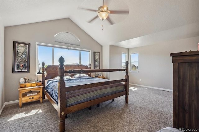 2431 Nicholson St, Berthoud, CO 80513 - carpeted bedroom featuring baseboards, vaulted ceiling, and ceiling fan