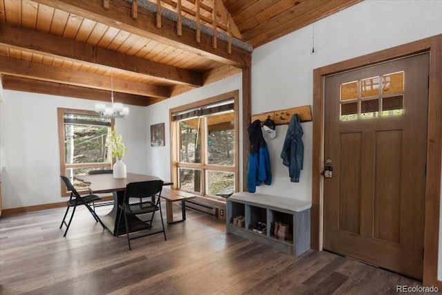 11724 Little Turtle Ln, Conifer, CO 80433 - dining room with wooden ceiling, wood finished floors, baseboard heating, beam ceiling, and a chandelier