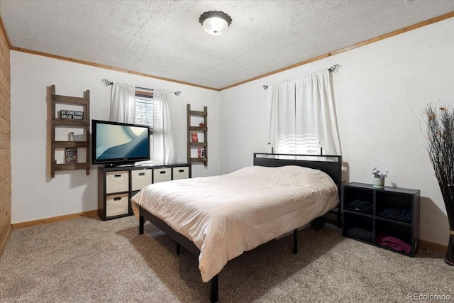 11724 Little Turtle Ln, Conifer, CO 80433 - bedroom featuring carpet flooring, ornamental molding, a textured ceiling, and baseboards