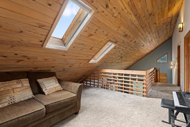 11724 Little Turtle Ln, Conifer, CO 80433 - unfurnished room featuring a skylight, carpet flooring, wooden ceiling, and lofted ceiling