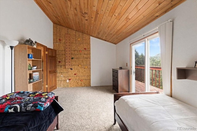 11724 Little Turtle Ln, Conifer, CO 80433 - bedroom with lofted ceiling, carpet, wooden ceiling, and access to exterior