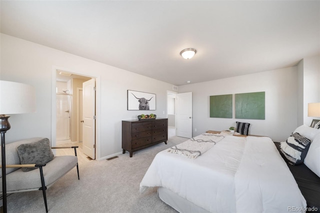 bedroom featuring light carpet