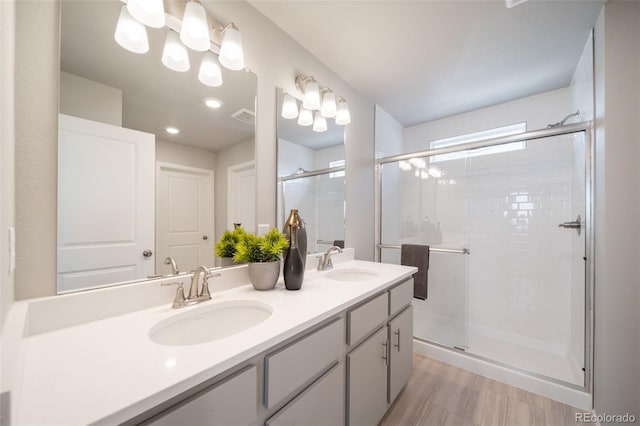 bathroom featuring vanity and a shower with shower door