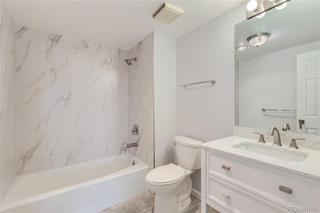 full bathroom featuring vanity, toilet, tile patterned flooring, and tiled shower / bath