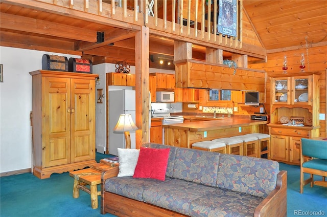 760 Coyote Cir, Black Hawk, CO 80422 - living room with carpet, wooden ceiling, vaulted ceiling, and wood walls
