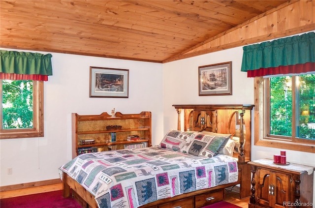 760 Coyote Cir, Black Hawk, CO 80422 - bedroom featuring vaulted ceiling, wooden ceiling, wood finished floors, and baseboards