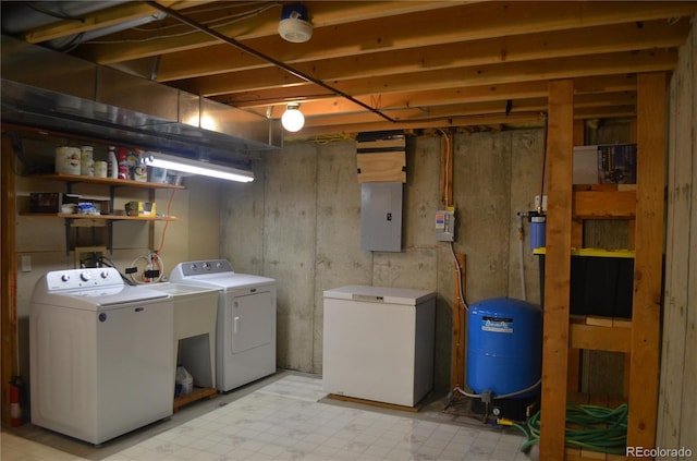 760 Coyote Cir, Black Hawk, CO 80422 - laundry area with washing machine and clothes dryer, electric panel, and light flooring