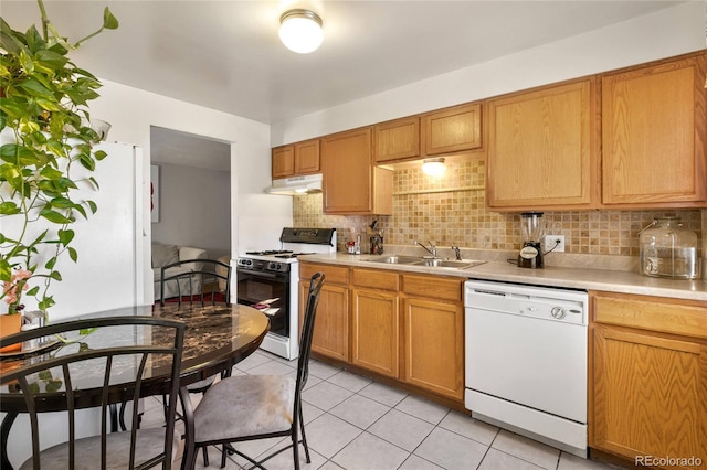 150 S Hooker St, Denver, CO 80219 - kitchen featuring white appliances, under cabinet range hood, light countertops, and decorative backsplash