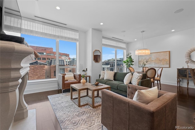 living room with dark hardwood / wood-style flooring