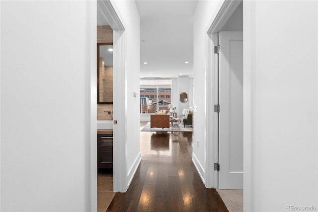 hallway featuring dark wood-type flooring