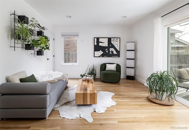 living room with baseboards, recessed lighting, and wood finished floors