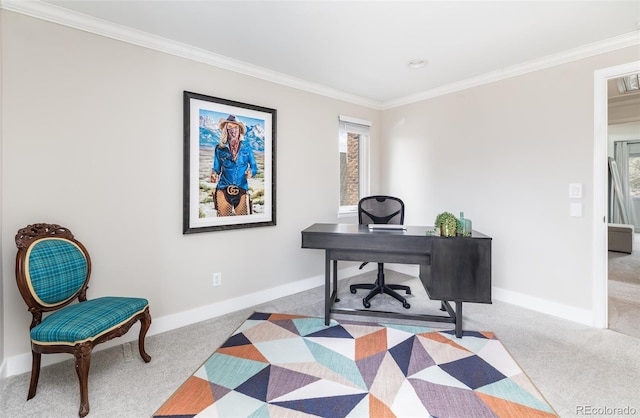 office with carpet floors, ornamental molding, and baseboards