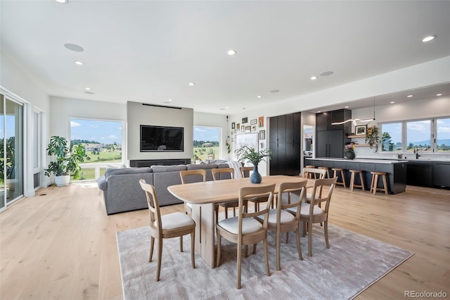 dining space with light wood-type flooring