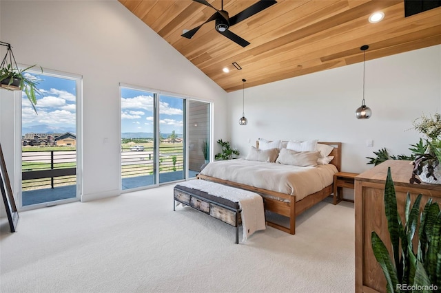 carpeted bedroom with wood ceiling, access to outside, high vaulted ceiling, and ceiling fan