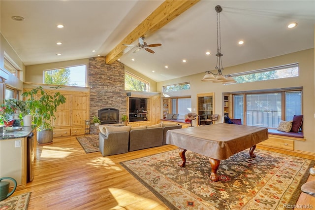 recreation room featuring ceiling fan, high vaulted ceiling, beamed ceiling, light hardwood / wood-style floors, and pool table