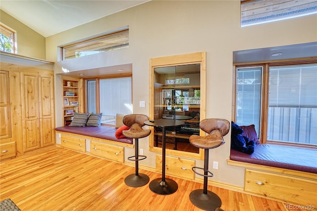 sitting room with hardwood / wood-style floors and high vaulted ceiling