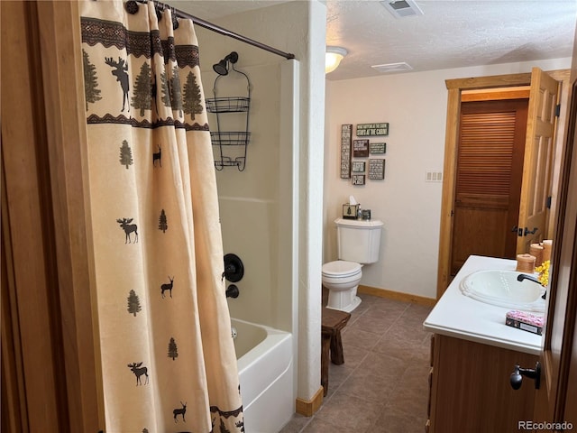 full bathroom with vanity, toilet, shower / bathtub combination with curtain, and a textured ceiling