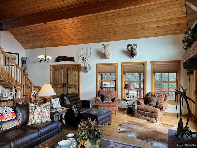 living room with wooden ceiling, an inviting chandelier, high vaulted ceiling, beamed ceiling, and wood-type flooring