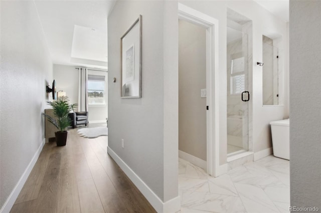 hall with baseboards and marble finish floor