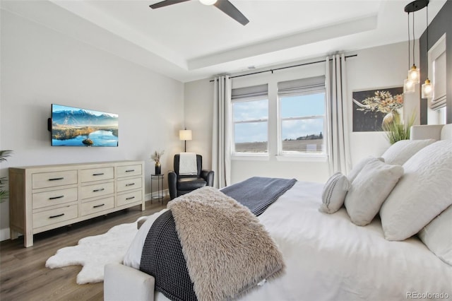 bedroom with dark wood finished floors, a raised ceiling, and a ceiling fan