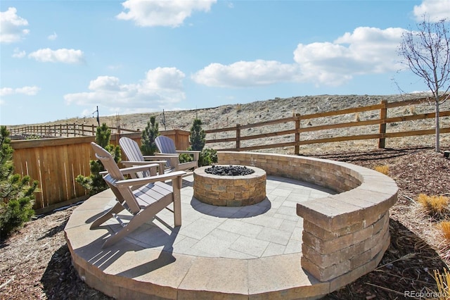 view of patio featuring an outdoor fire pit and a fenced backyard