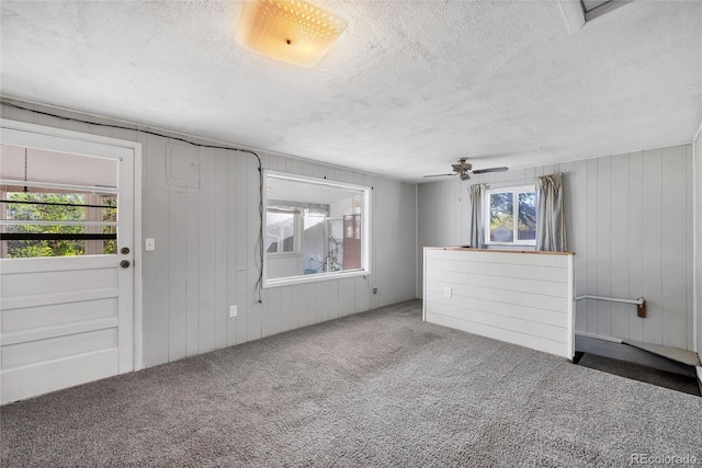 interior space featuring ceiling fan, carpet floors, and a textured ceiling