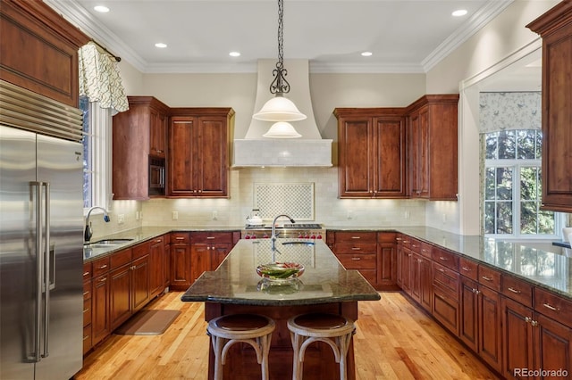 kitchen with built in appliances, premium range hood, a sink, and ornamental molding