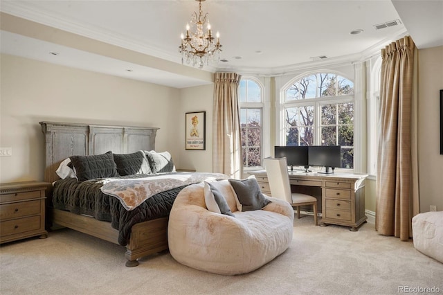 bedroom with a chandelier, visible vents, crown molding, and light carpet