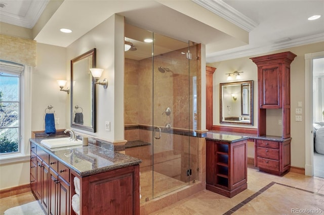 full bathroom featuring baseboards, a stall shower, recessed lighting, and crown molding