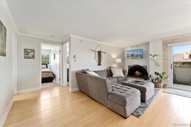 living room featuring crown molding, baseboards, light wood-type flooring, and a warm lit fireplace