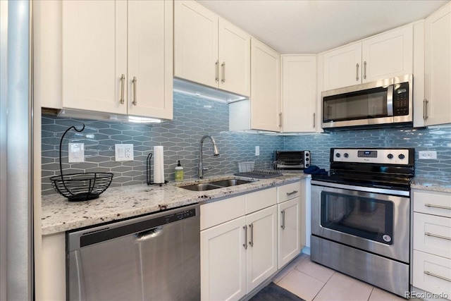 kitchen featuring white cabinets, appliances with stainless steel finishes, a sink, and tasteful backsplash